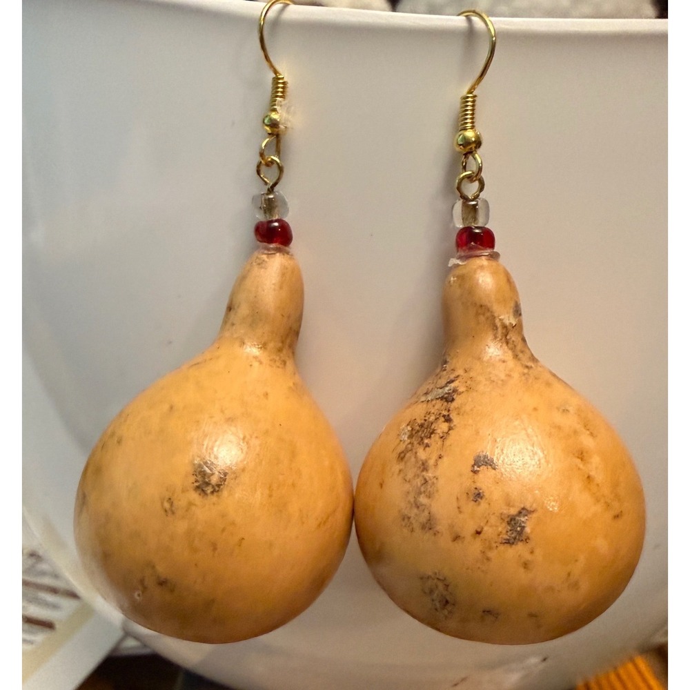 VTG Natural Gourd Earrings Handmade Boho Folk Art Statement Drop Dangle Festival